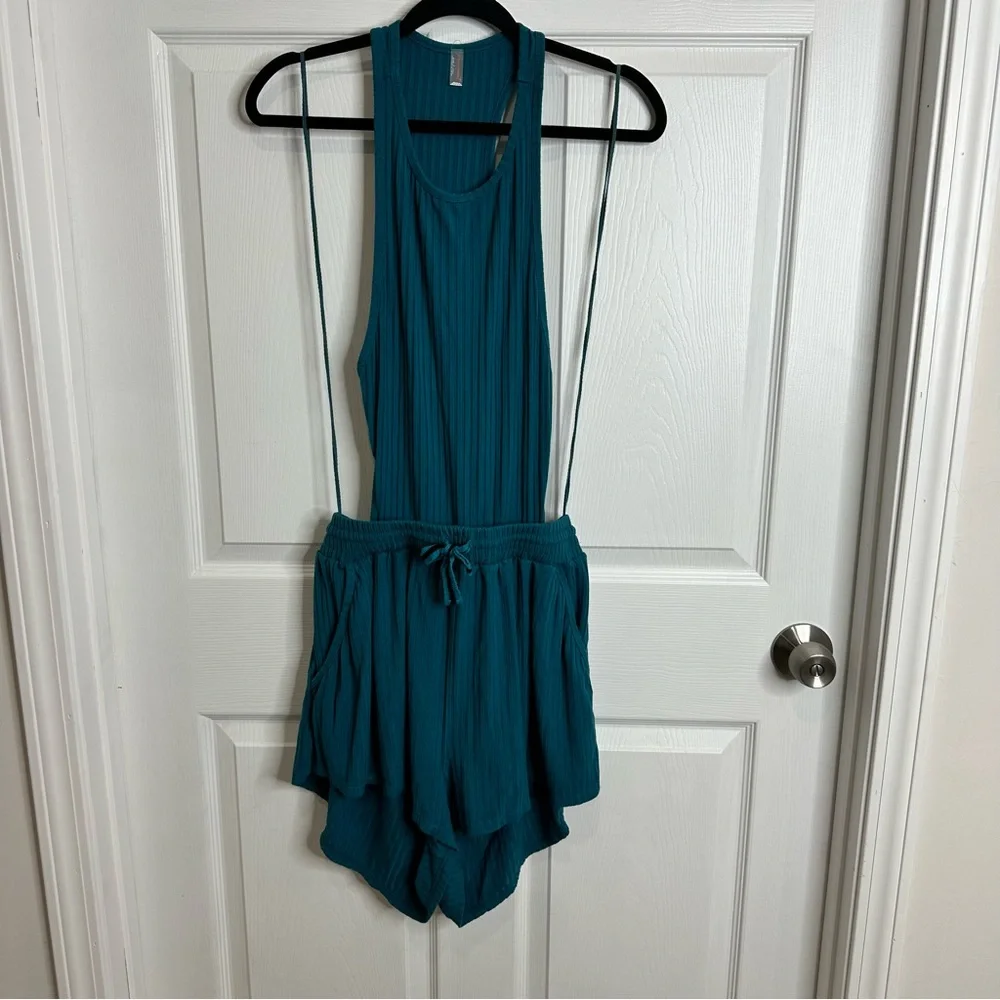 Free People Teal Ribbed Sleeveless Cutout Romper